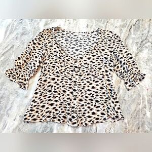 Takara Leopard Print Blouse Size S | Button Down Ruched Sleeve Animal Print Top